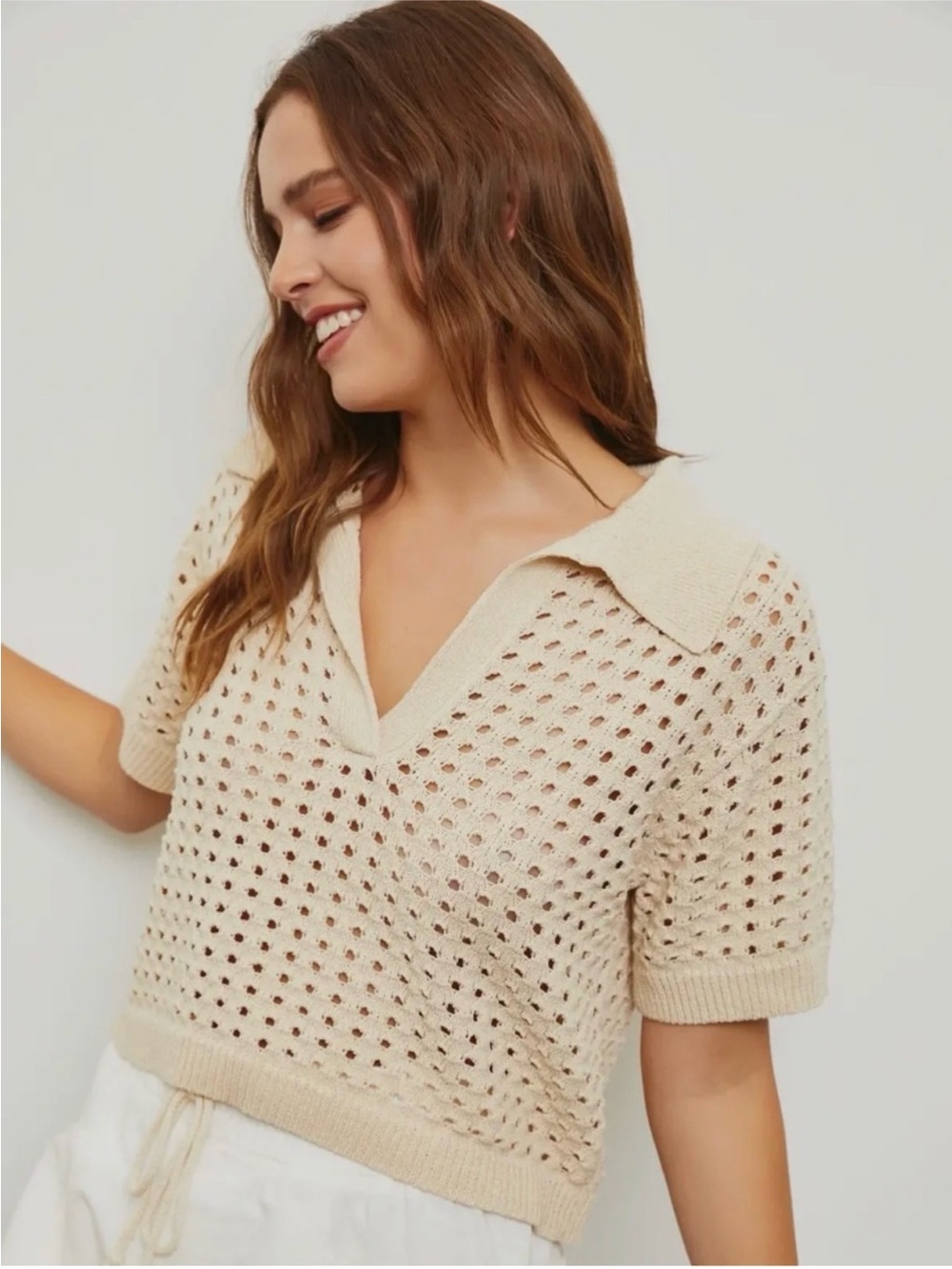 WILLOW & WIND CREAM KNIT CROP POLO S